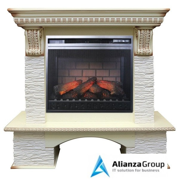 Электрокамин (очаг+портал) Royal Flame Pierre Luxe сланец мелкий белый с очагом Vision 23 EF LED 3 D FX (Cлоновая кость с красной патиной)