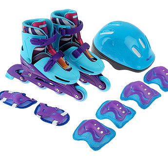 Детские роликовые коньки с комплектом защиты фиолетово-голубые 34-37