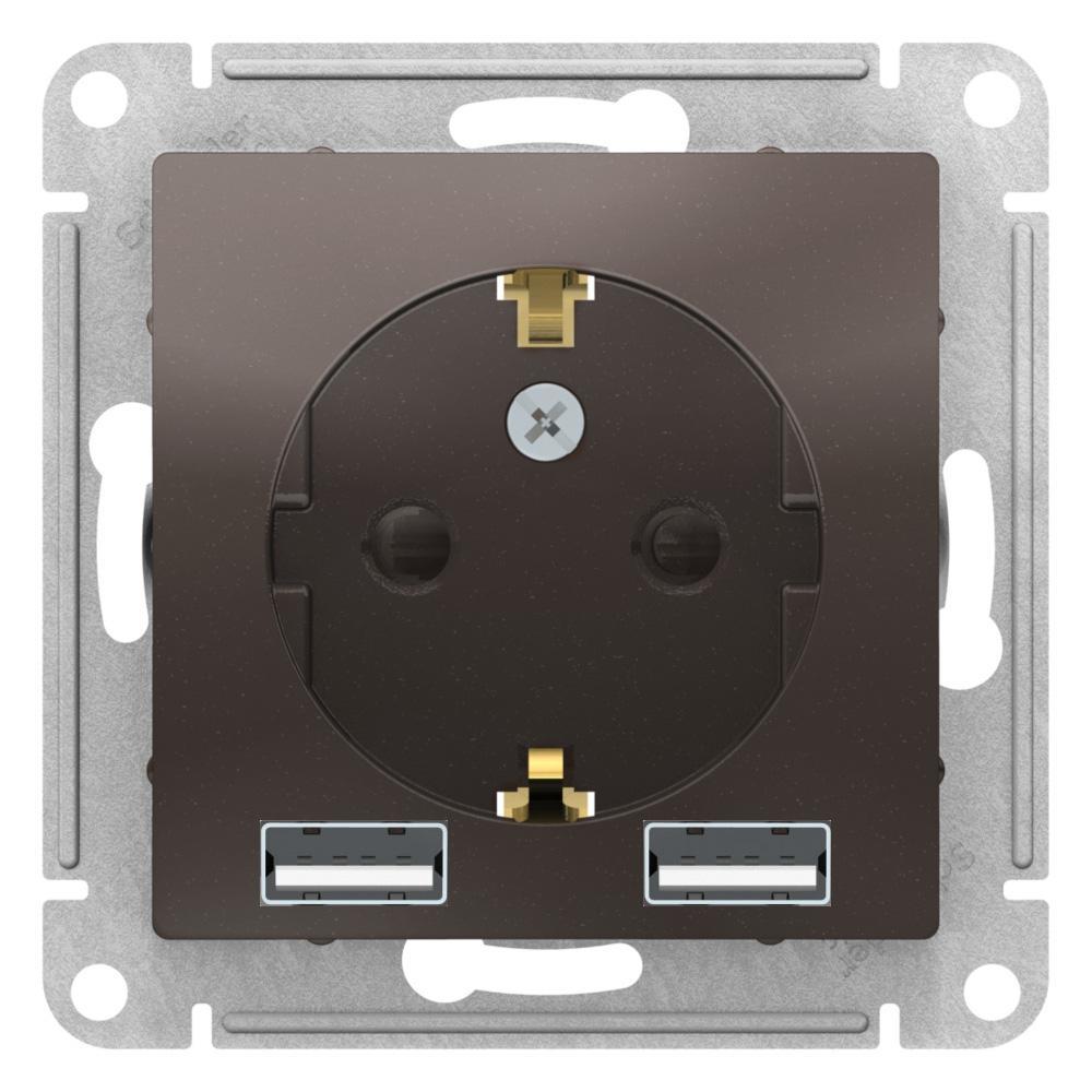 Розетка 1-ая электрическая , с заземлением, c USB , Мокко, серия Atlas Design, Schneider Electric