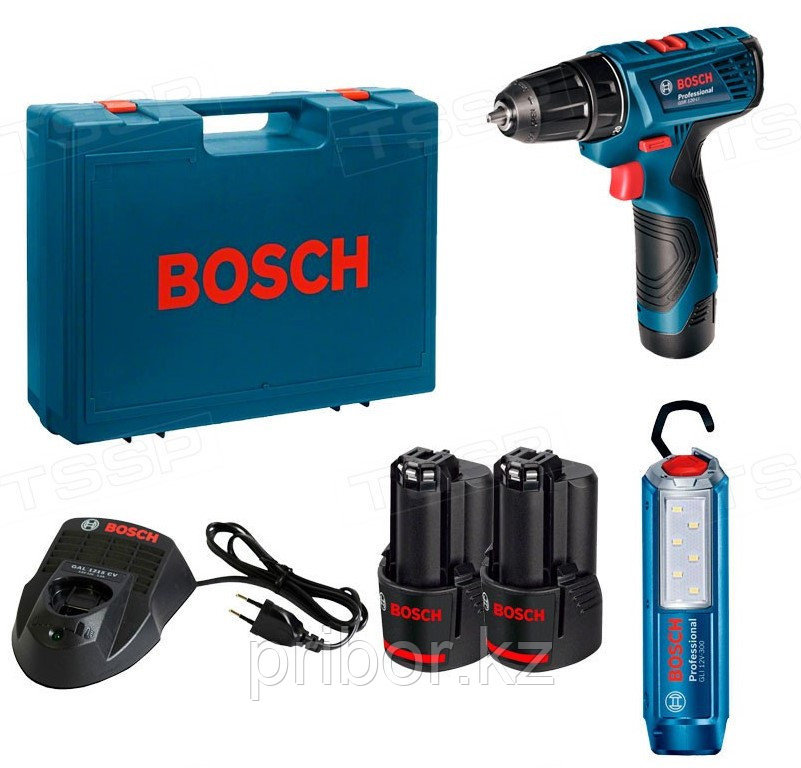 Bosch GSR 120 Li + фонарик GLI 12V-300 Li Набор с аккумуляторной дрелью-шуруповертом - фото 1 - id-p76303369