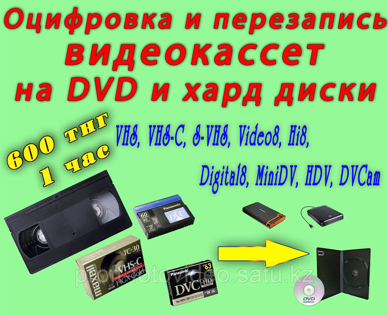 Оцифровка и перезапись с любых видеокассет на DVD диски.