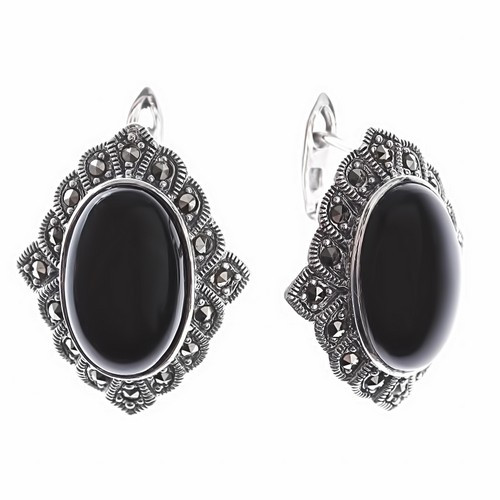 Серьги из серебра с марказитом и ониксом Teosa HE-466-ON