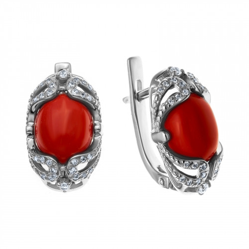 Серьги из серебра с кораллом и фианитом MASKOM 2000-0208-CRL-r