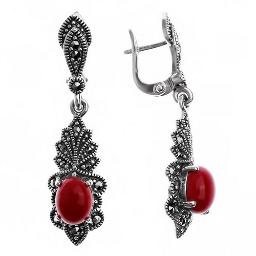 Серебряные серьги с кораллом имит. и марказитом Teosa HE-041-COR