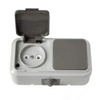 Блок 1 выключатель + розетка с заземляющим контактом открытой установки IP54, серия ПРАЛЕСКА АКВА,