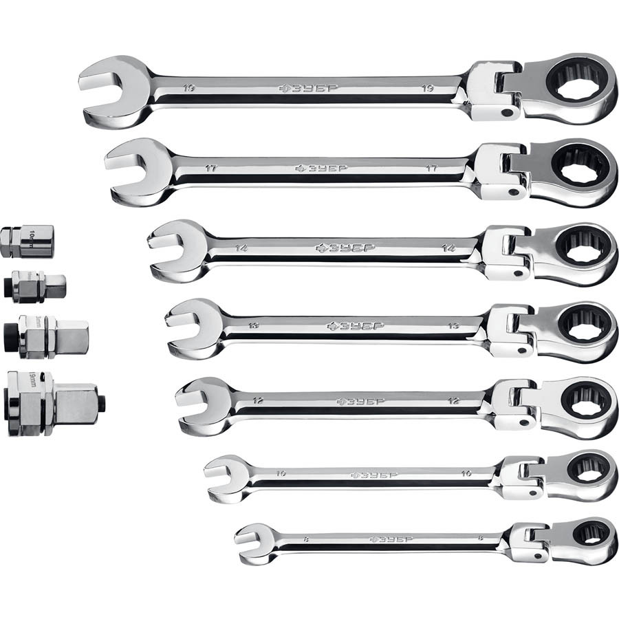 ЗУБР 10 шт, 8 - 19 мм, набор комбинированных гаечных ключей трещоточных шарнирных с адаптерами 27 (27102-H10) - фото 3 - id-p76809773