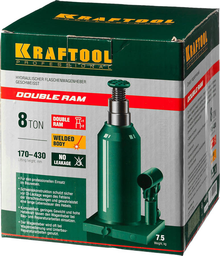 Домкрат бутылочный Kraftool, 8 т., 170-430 мм, серия "Double ram" (43463-8) - фото 6 - id-p76810493