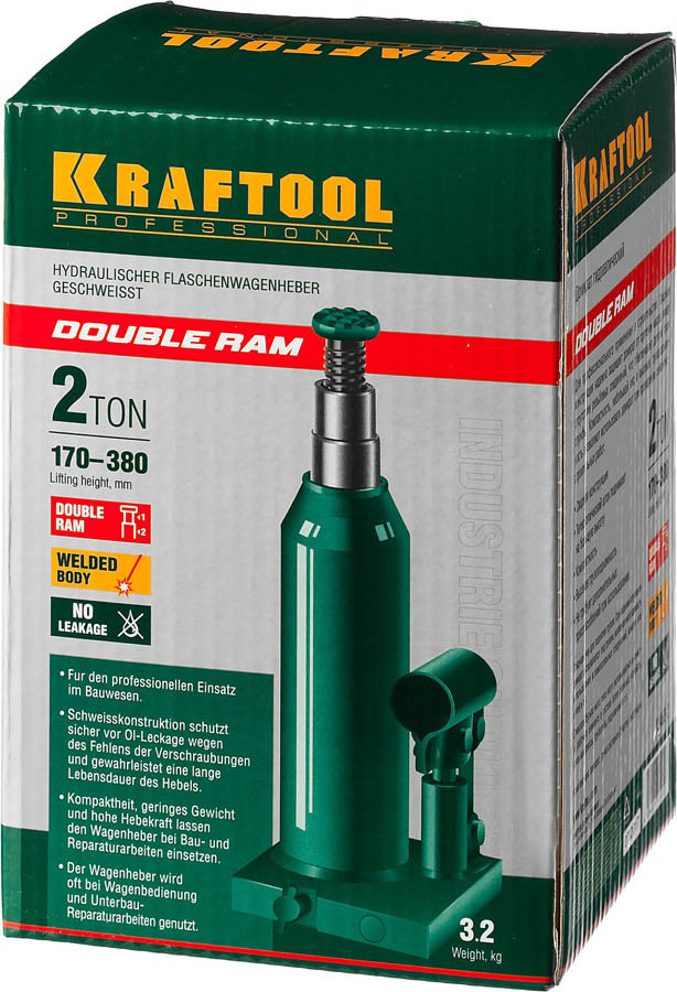 Домкрат бутылочный Kraftool, 2 т., 170-380 мм, серия "Double ram" (43463-2) - фото 6 - id-p76810496
