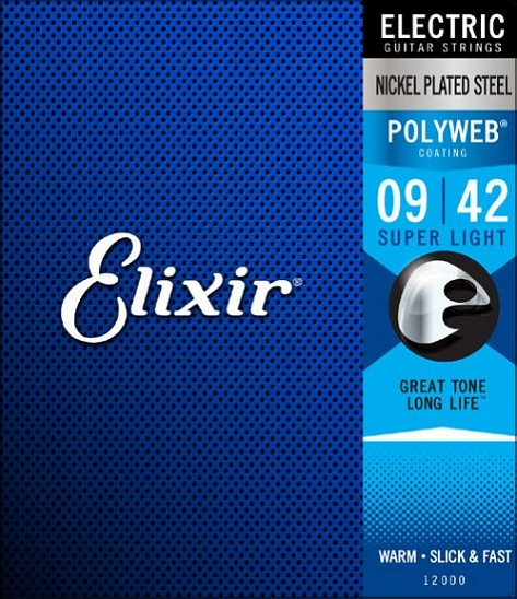 Комплект струн для электрогитары, никелированная сталь, Custom Light 9-42, Elixir POLYWEB 12000