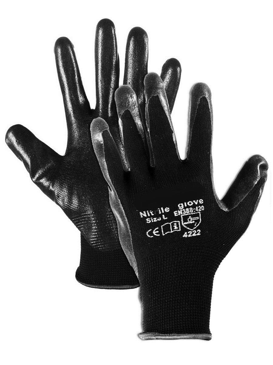Перчатки нейлоновые для механических работ с нитриловым покрытием, черные, размер XL