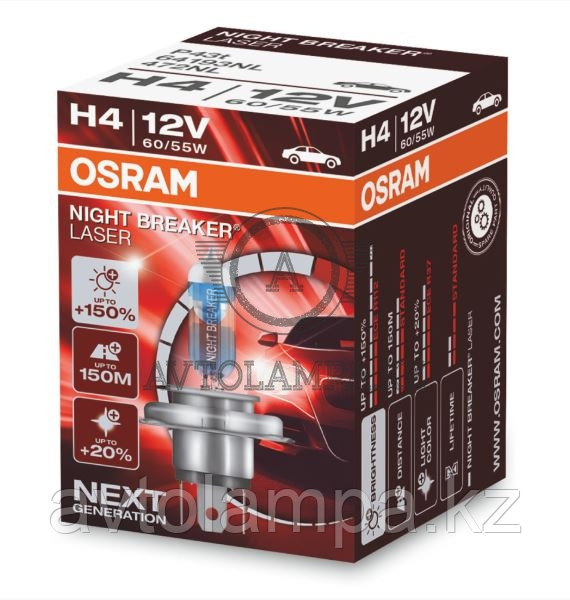 64193NL Лампа "+150%" света H4 12V 60/55W P43t NIGHT BREAKER LASER уп.1шт., фото 1