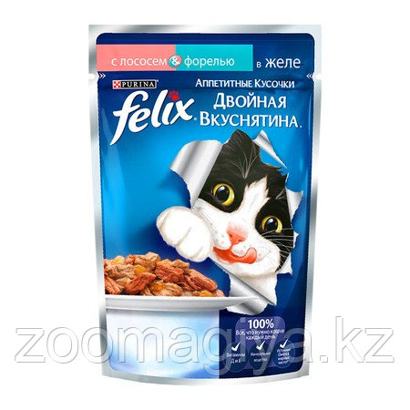 Паучи Felix Двойная вкуснятина для взрослых кошек аппетитные кусочки с лососем и форелью в желе - 85 г - фото 1 - id-p77099720
