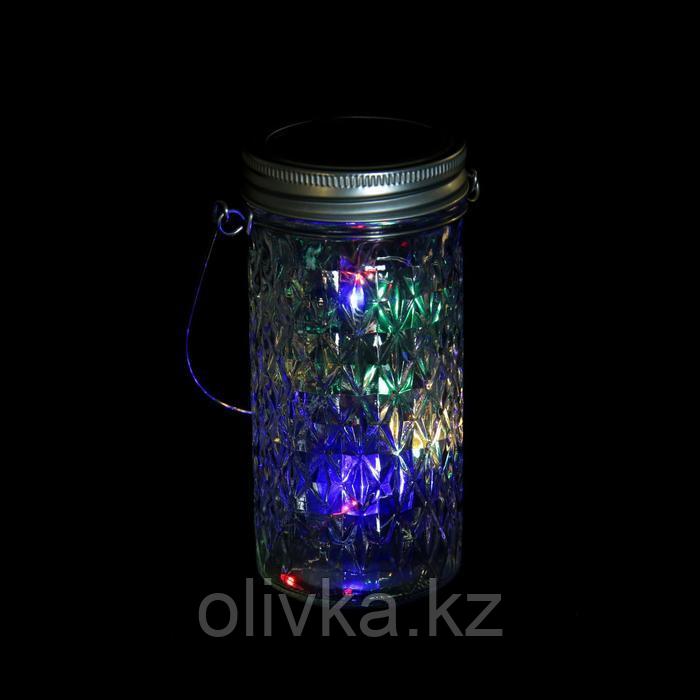 Светильник-банка "Граненая" светодиодный на солнечной батарее 10 LED, с подвесом, МУЛЬТИ