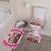Набор ковриков для ванны и туалета «Совушки на ветке», 3 шт: 38×45, 40×43, 43×73 см, цвет розовый, фото 1