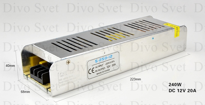 Блок питания 12V 20A 250W, открытый (узкой формы). Трансформатор 220В-12В, 250 Ватт. Power supply 12v