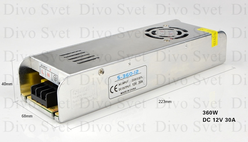 Блок питания 12V 30A 360W, открытый (узкой формы). Трансформатор 220В-12В, 360 Ватт. Power supply 12v