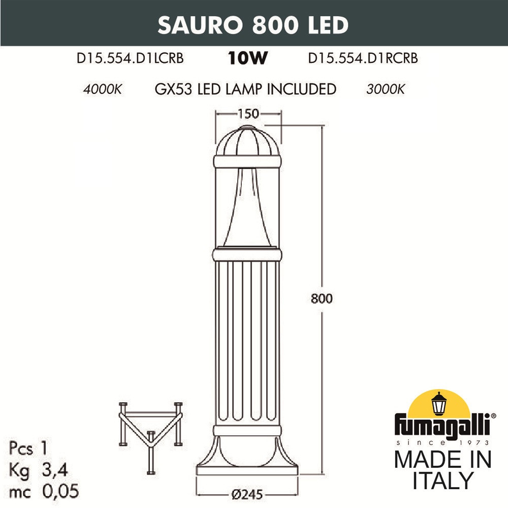 Садовый светильник-столбик FUMAGALLI SAURO 800 D15.554.000.BXD1L - фото 2 - id-p77035241