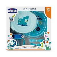 Набор детской посуды Chicco (2тарелки, ложка, вилка, Поильник Chicco) 12м+, голубой