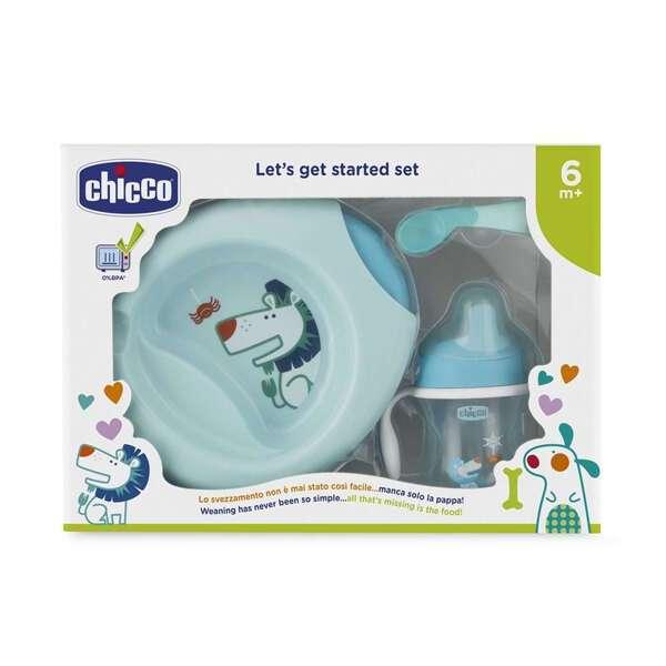 Набор детской посуды Chicco (тарелка, ложка, Поильник Chicco) 6м+, голубой