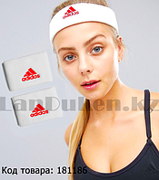 Спортивная повязка на голову и напульсники на руку белая с красной надписью