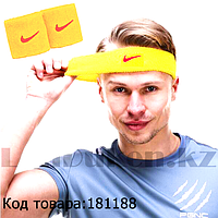 Спортивная повязка на голову и напульсники на руку желтая с красным значком