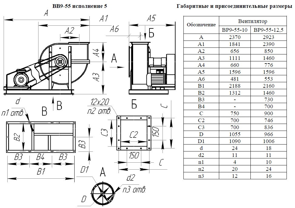 Вентилятор радиальный ВР 9-55 №12,5 Исп.5