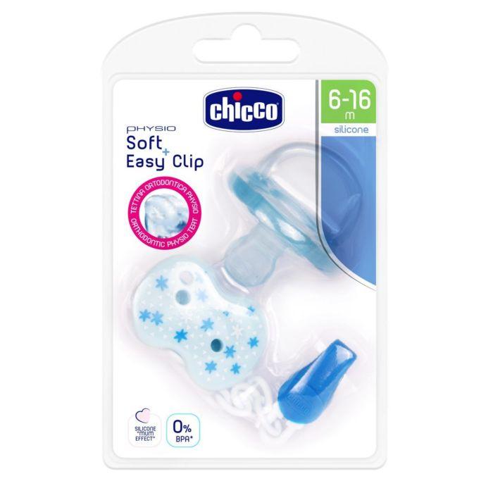 Пустышка силиконовая Chicco Physio Soft + прищепка Boy 6-16м