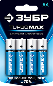 Батарейка щелочная 1.5 В, тип АА, 4 шт, ЗУБР Turbo-MAX (59206-4C_z01)