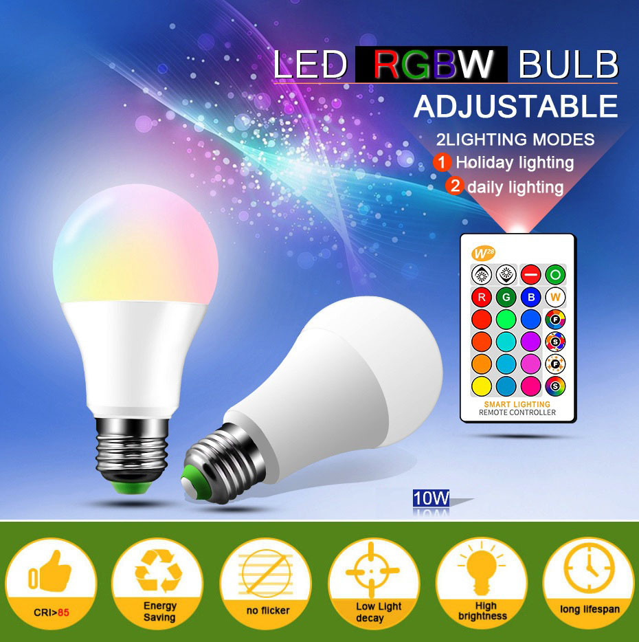 Светодиодная цветная RGBW лампа 10W E27 с пультом