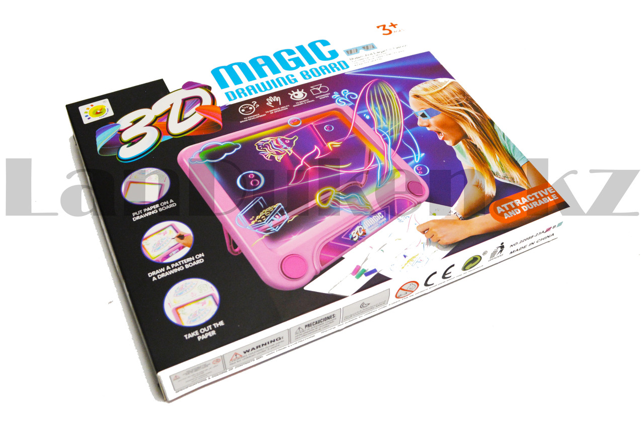 Планшет для рисования 3D Magic Drawing Board c 3D очками светящийся прямоугольный розовый 20х24,5 см - фото 3 - id-p77864263