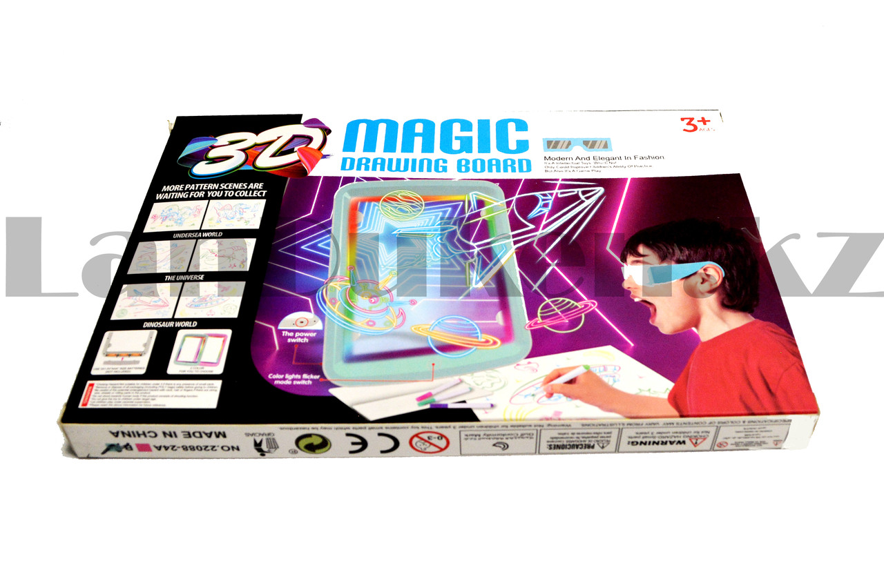 Планшет для рисования 3D Magic Drawing Board c 3D очками светящийся прямоугольный голубой 31х21 см - фото 4 - id-p77864290