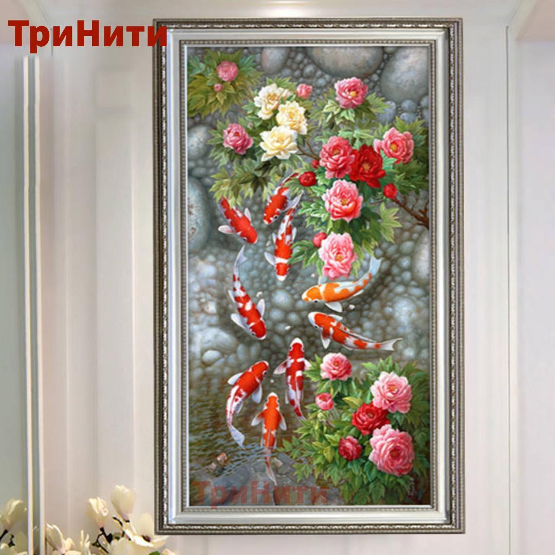 Алмазная мозаика круглые стразы 5D "Карпы с розами" 45х65