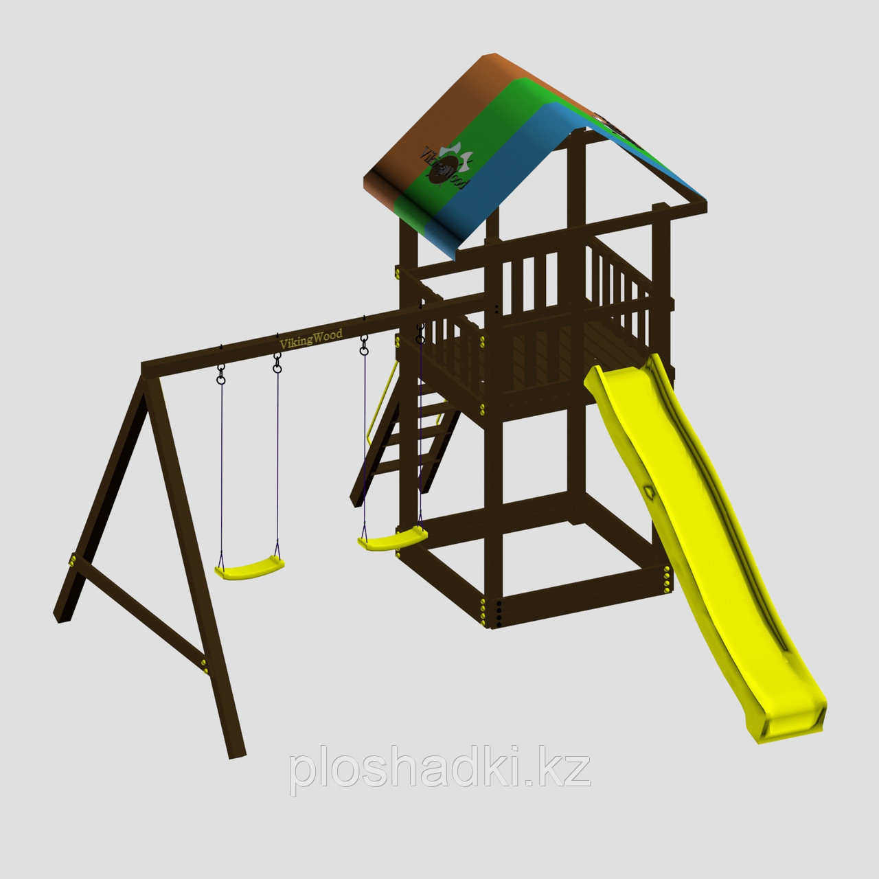 Игровой комплекс "Смайл", цветная крыша, лестница 2 качели, горка-скат разных цветов, фото 1