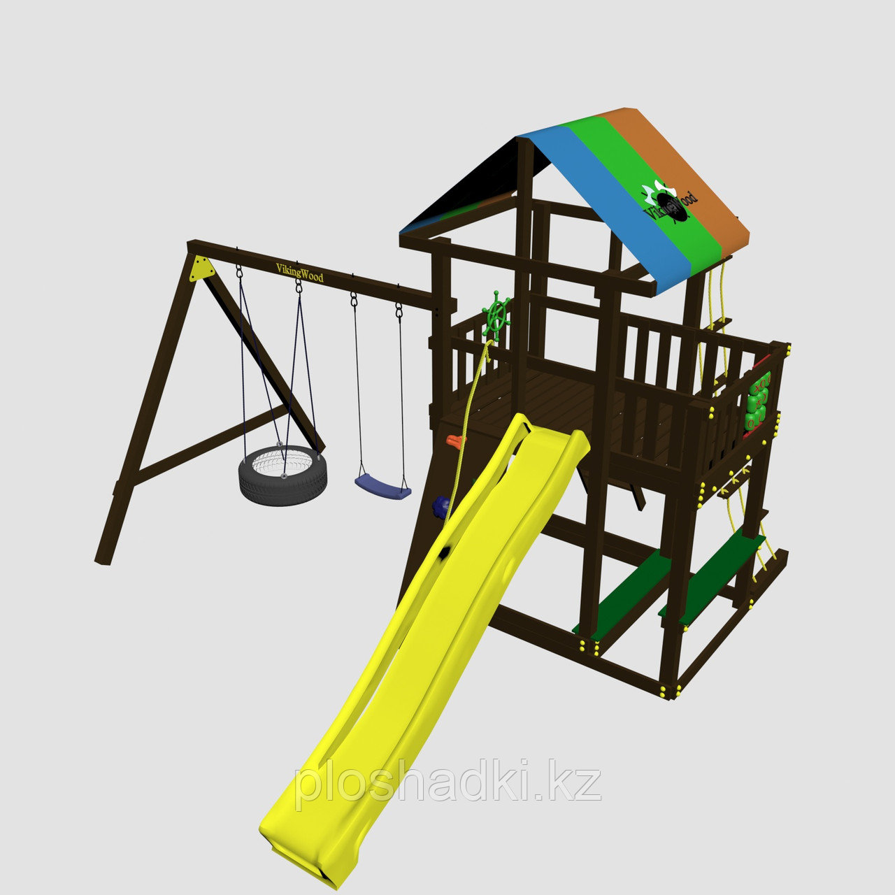 Детская площадка "Сиело с шиной", цветная крыша, канатная сетка, лестница из дерева, горка