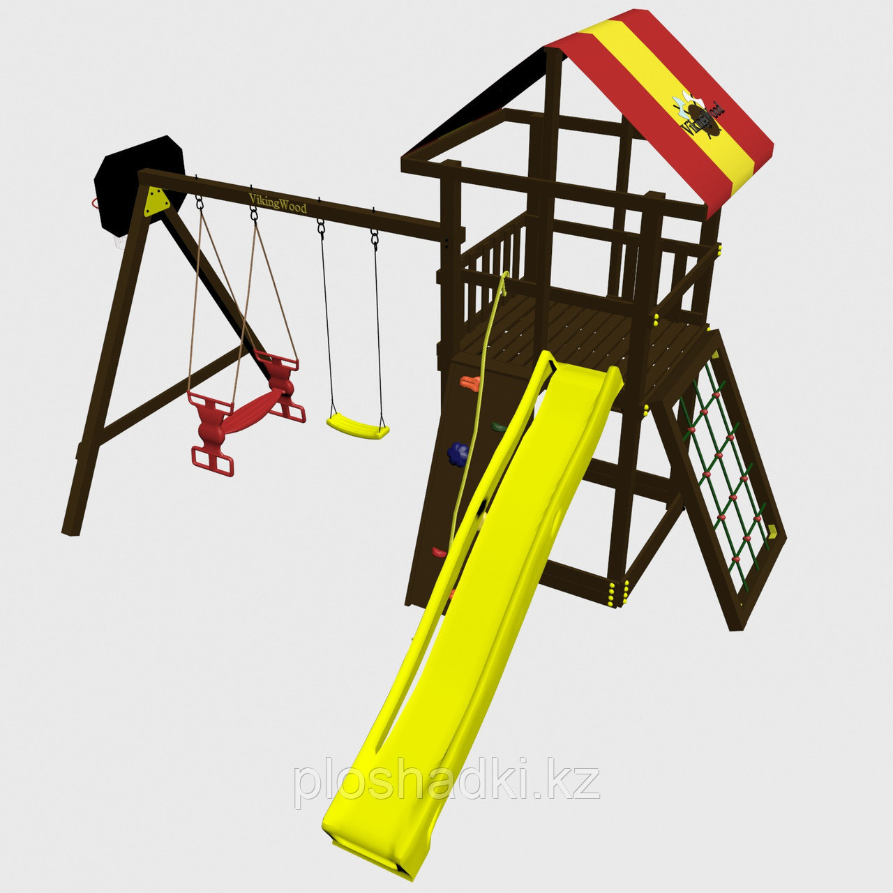 Игровой комплекс  "Родео с качелями Дуэт", цветные паруса, лестница из дерева, скалодром, качели, горка