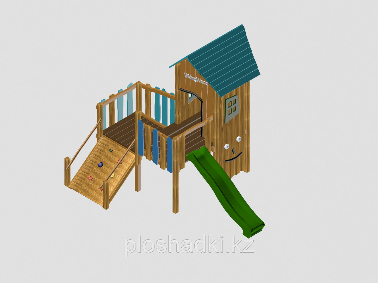 Игровой комплекс "Вилсон", крыша из дерева, лестница-скалодром, домик, горка, скалодром с каменными зацепками, фото 1