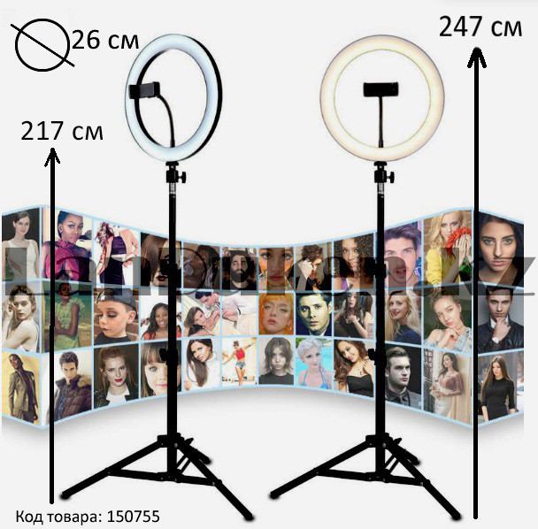 Кольцевая лампа и штатив LED лампа для селфи (3 режима свечения) диаметр лампы 26 см - фото 1 - id-p77963815