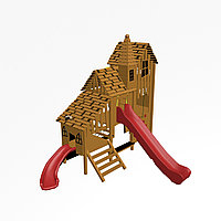Игровой комплекс "Тироль 1", канатная сетка, скаты, доска для рисования, скамейки, крыша деревянная