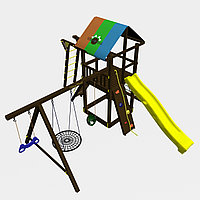 Игровой комплекс "Родео с рукоходом", цветная крыша, канатная сетка, скалодром, качели