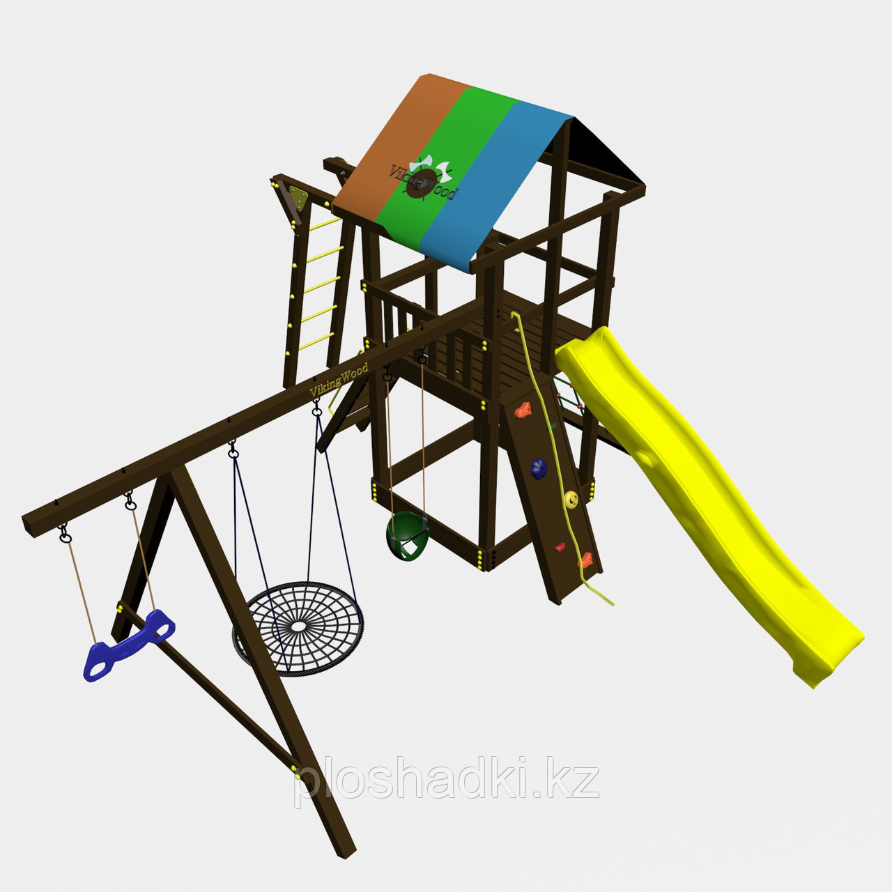 Игровой комплекс "Родео с рукоходом", цветная крыша, канатная сетка, скалодром, качели, фото 1