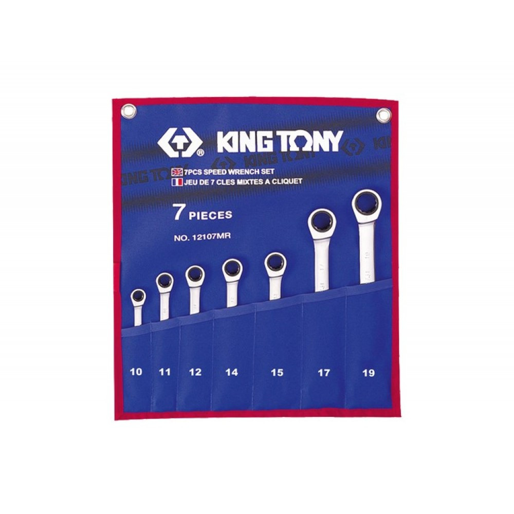 Набор комбинированных трещоточных ключей, 10-19 мм, чехол из теторона, 7 предметов KING TONY 12107MRN