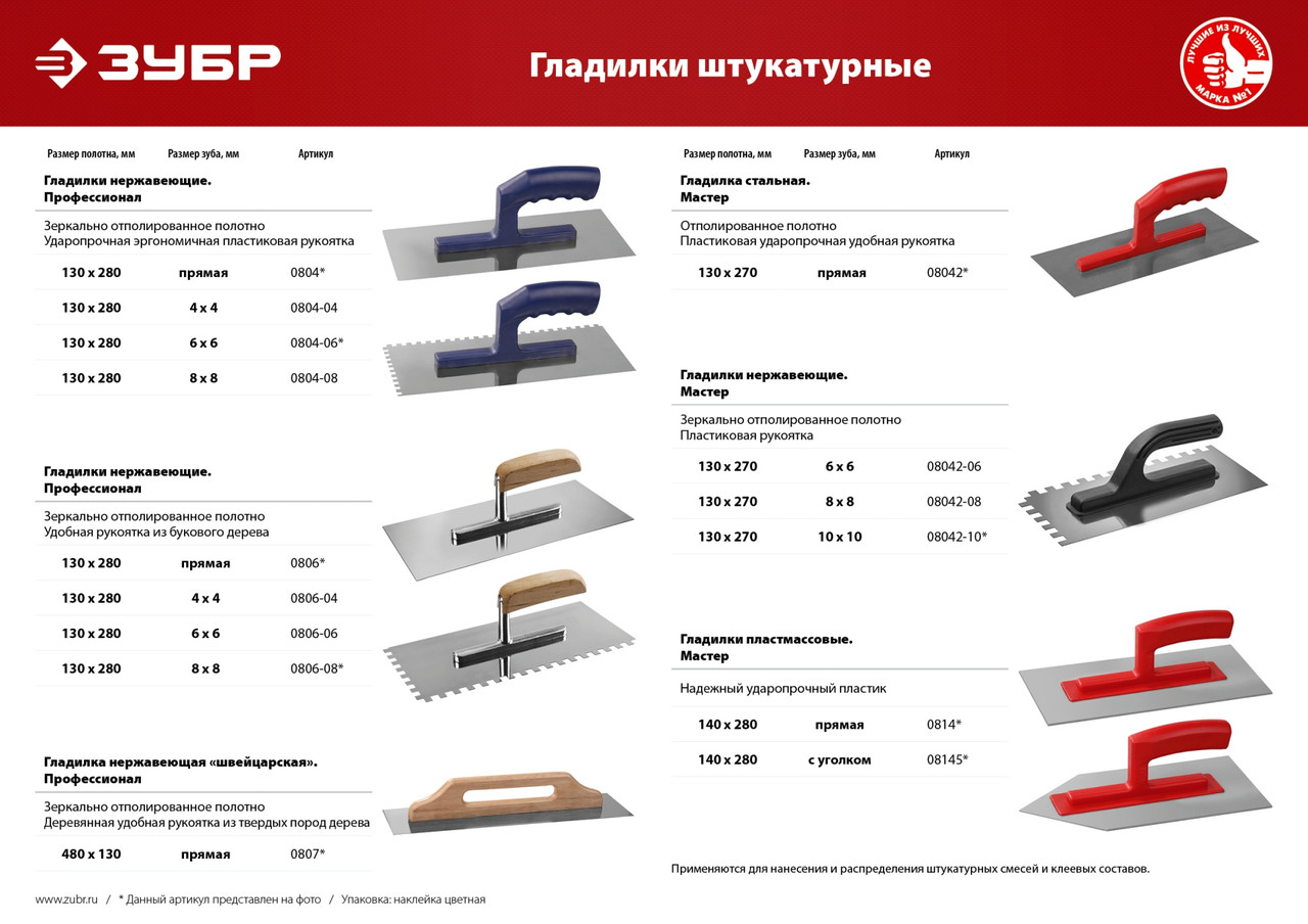 ЗУБР Мастер 130х270мм, 8х8 мм, гладилка штукатурная зубчатая нержавеющая с пластиковой ручкой (08042-08) - фото 3 - id-p78070773