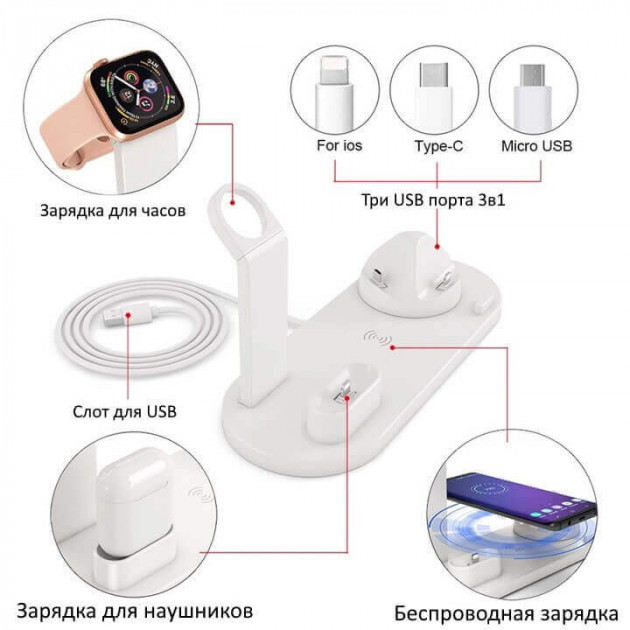 Беспроводная зарядка 4 в 1 AirPower Fast Charge с технологией QI для iPhone, Apple Watch, AirPods (White) - фото 5 - id-p78092733