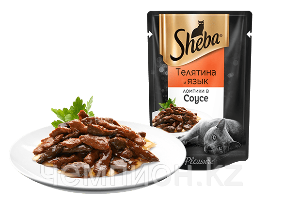 Sheba Pleasure, Шеба кусочки с телятиной и языком, консервы для кошек, уп.24*85 гр.