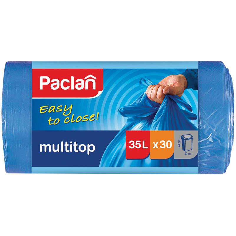 Мешки для мусора 35 литров, Paclan "Multitop" ПВД, 50*64см, 10,5мкм, 30шт., синие, в рулоне, с завязками