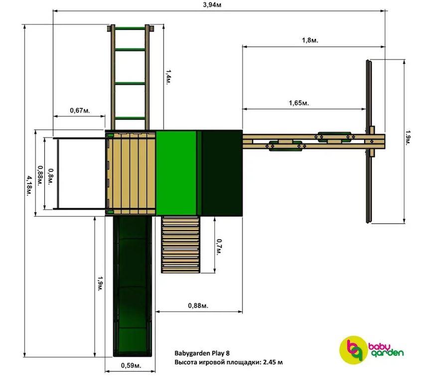 Детская игровая площадка BABYGARDEN PLAY 8 DG с балконом, турником,веревочной лестницей, трапецией и горкой - фото 4 - id-p78200962