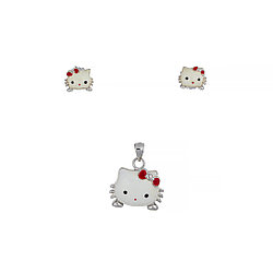 Детский серебряный комплект "Hello kitty" (серьги и кулон) (набор). Вставка: эмаль белая, красная, в