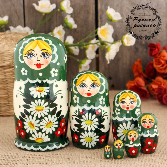 Матрёшка «Ромашка», зелёный платок, 7 кукольная,17 см