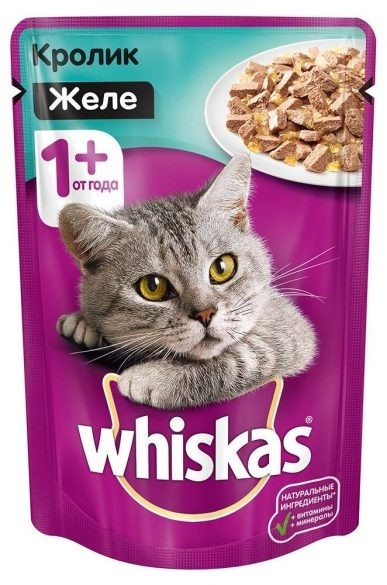 Whiskas, Вискас желе с кроликом, влажный корм для кошек, паучи 28шт.*85 гр.