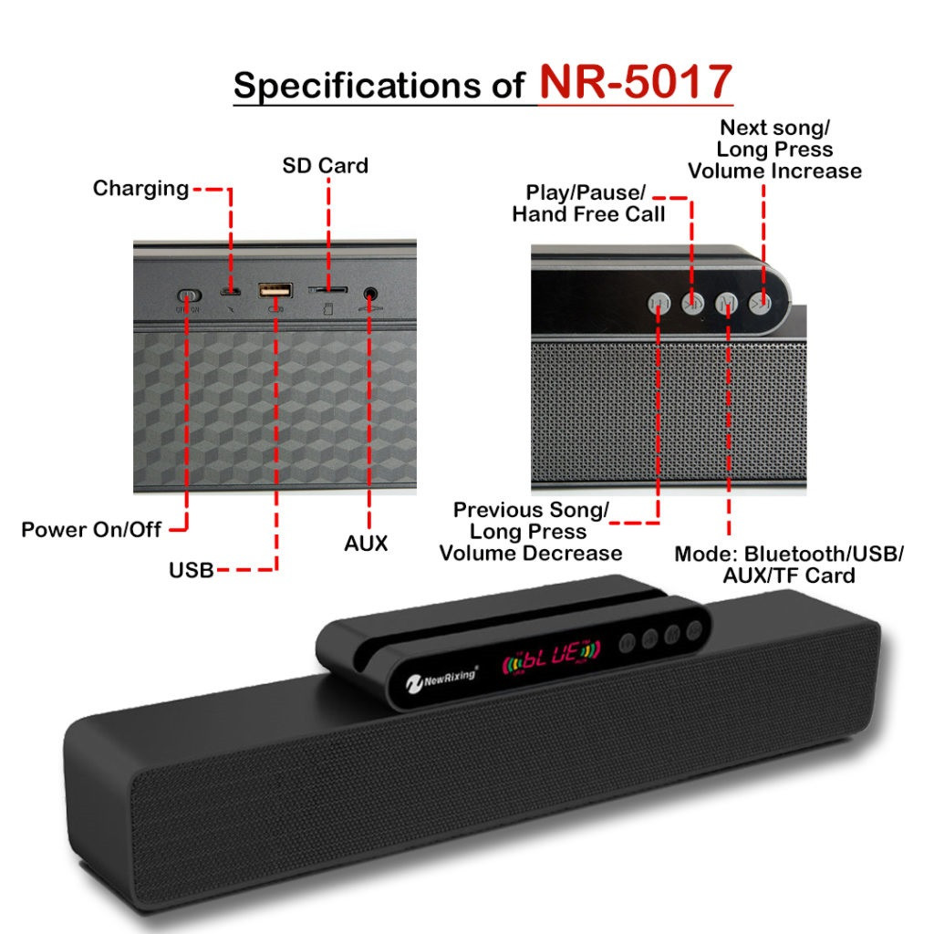 Беспроводная портативная Bluetooth колонка, New Rixing NR-5017 gray - фото 5 - id-p78913509
